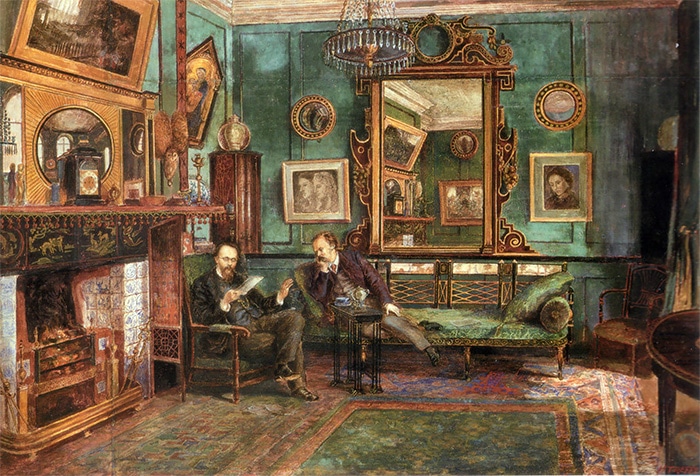 Dante Gabriel Rossetti's drawing room at No. 16 Cheyne Walk (Henry Treffry Dunn, 1882)